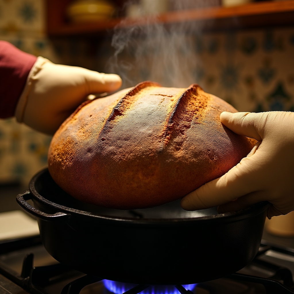 Čerstvě upečený bochník chleba vyndaný z trouby
